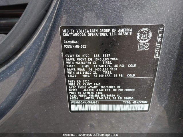 2018 Volkswagen Atlas 3.6 Fsi Execline მანქანა იყიდება აუქციონზე, vin: 1V2NR2CA3JC594061, აუქციონის ნომერი: 12609159