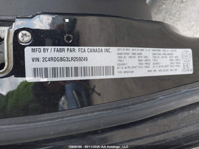 12609168 :رقم المزاد ، 2C4RDGBG3LR259249 vin ، 2020 Dodge Grand Caravan Se مزاد بيع