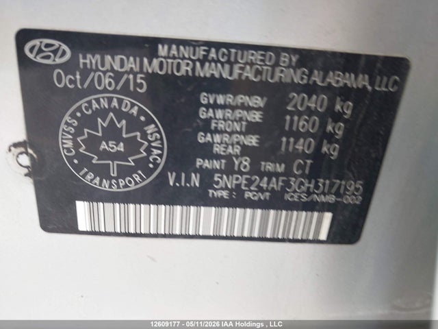 5NPE24AF3GH317195 Hyundai Sonata