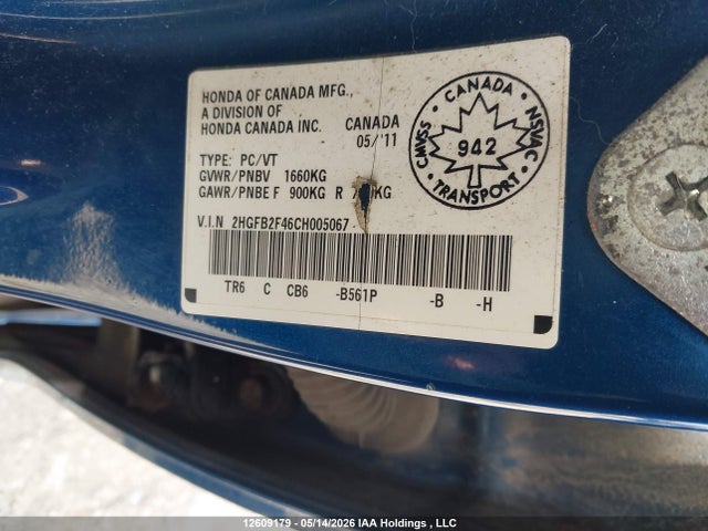 Aukcja sprzedaży 2012 Honda Civic Sdn, vin: 2HGFB2F46CH005067, numer aukcji: 12609179