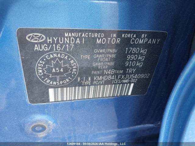 KMHD84LFXJU540902 Hyundai Elantra Sel/value/limited