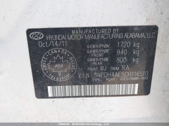 Aukcja sprzedaży 2012 Hyundai Elantra Gls/limited, vin: 5NPDH4AE5CH116510, numer aukcji: 12609185