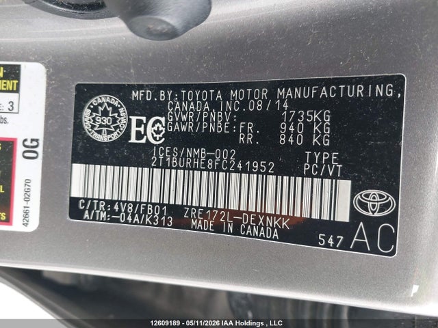 Продаж на аукціоні авто 2015 Toyota Corolla L/le/le Pls/prm/s/s Pls, vin: 2T1BURHE8FC241952, номер лоту: 12609189