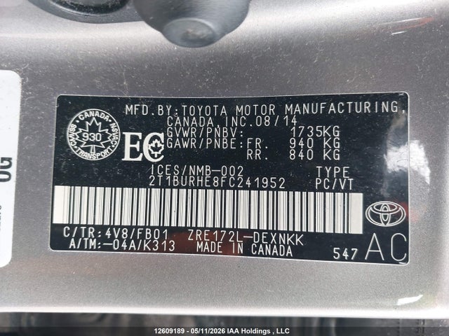Продаж на аукціоні авто 2015 Toyota Corolla L/le/le Pls/prm/s/s Pls, vin: 2T1BURHE8FC241952, номер лоту: 12609189