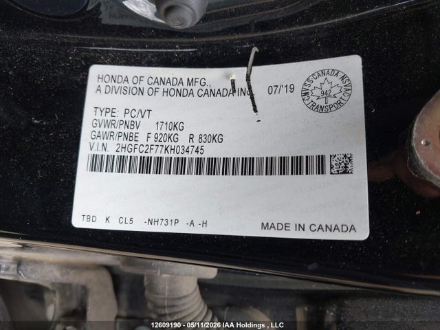 12609190 :رقم المزاد ، 2HGFC2F77KH034745 vin ، 2019 Honda Civic Ex مزاد بيع