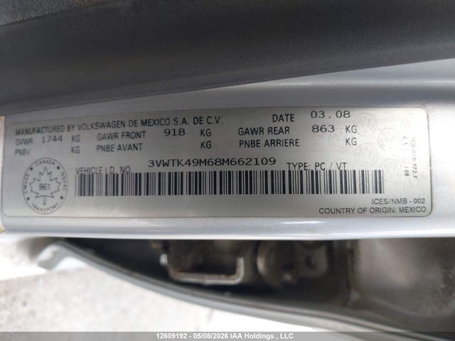 Продаж на аукціоні авто 2008 Volkswagen City Jetta, vin: 3VWTK49M68M662109, номер лоту: 12609192