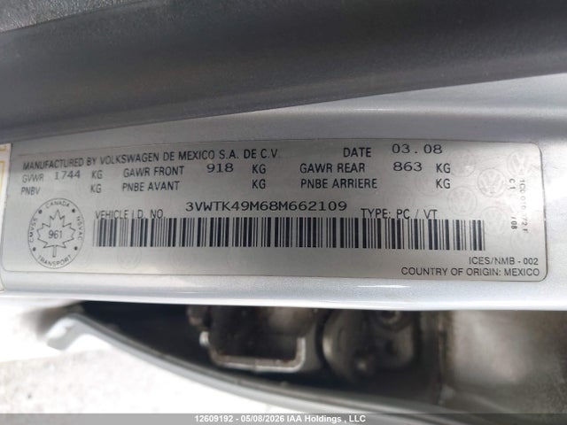 Продаж на аукціоні авто 2008 Volkswagen City Jetta, vin: 3VWTK49M68M662109, номер лоту: 12609192