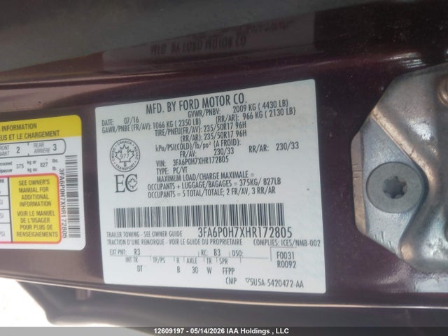 Продажа на аукционе авто 2017 Ford Fusion Se, vin: 3FA6P0H7XHR172805, номер лота: 12609197