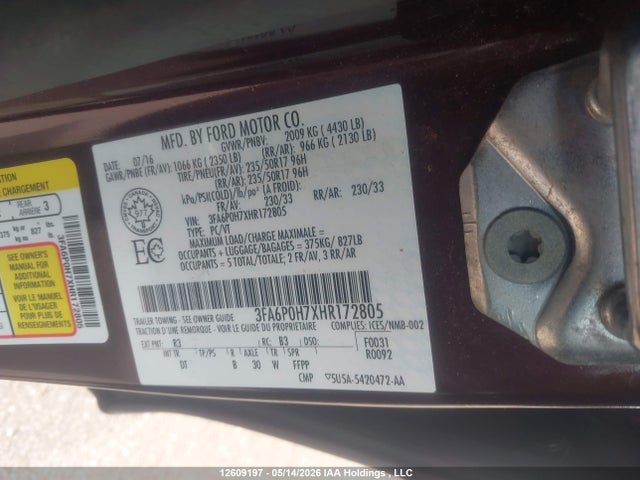 Продажа на аукционе авто 2017 Ford Fusion Se, vin: 3FA6P0H7XHR172805, номер лота: 12609197