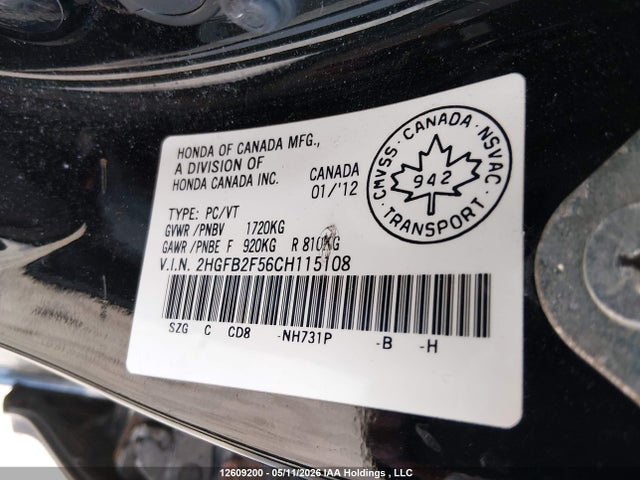 12609200 :رقم المزاد ، 2HGFB2F56CH115108 vin ، 2012 Honda Civic Lx مزاد بيع
