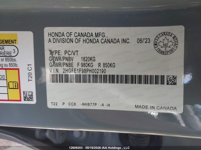 Auction sale of the 2023 Honda Civic Touring, vin: 2HGFE1F98PH002190, lot number: 12609203