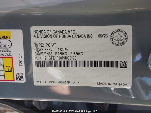 Auction sale of the 2023 Honda Civic Touring, vin: 2HGFE1F98PH002190, lot number: 12609203