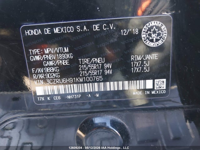 3CZRU6H91KM100765 Honda Hr-v Touring