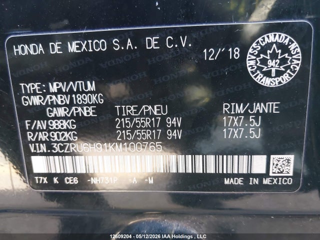 3CZRU6H91KM100765 Honda Hr-v Touring
