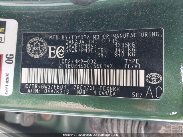 Aukcja sprzedaży 2016 Toyota Corolla Le, vin: 2T1BURHEXGC558147, numer aukcji: 12609212
