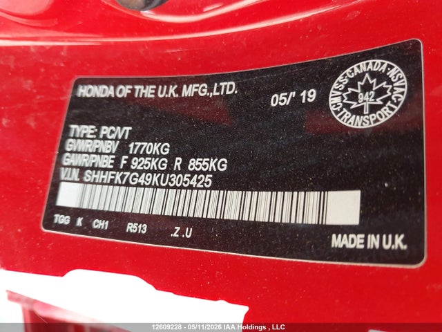 SHHFK7G49KU305425 Honda Civic Sport