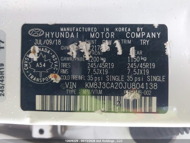 12609229 :رقم المزاد ، KM8J3CA20JU804138 vin ، 2018 Hyundai Tucson مزاد بيع