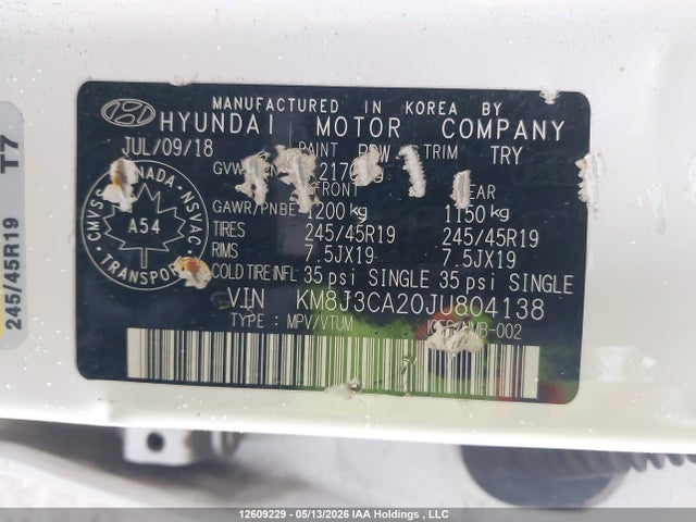 12609229 :رقم المزاد ، KM8J3CA20JU804138 vin ، 2018 Hyundai Tucson مزاد بيع