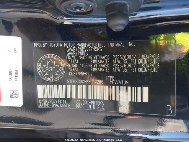12609232 :رقم المزاد ، 5TDKK3DC5BS017286 vin ، 2011 Toyota Sienna Le مزاد بيع