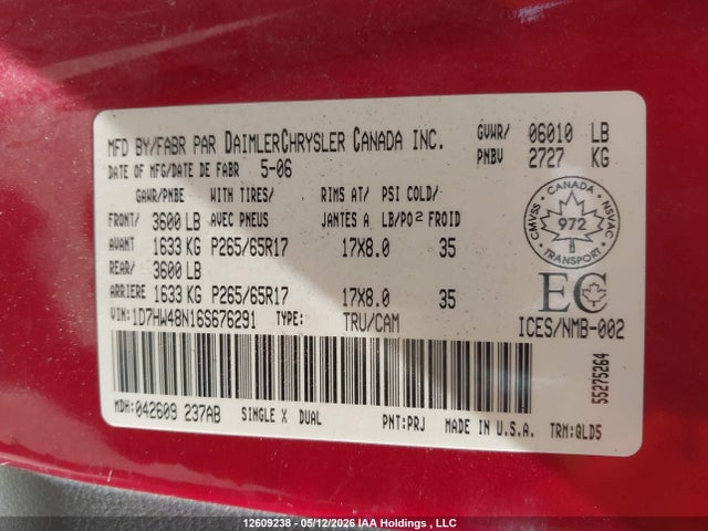 12609238 :رقم المزاد ، 1D7HW48N16S676291 vin ، 2006 Dodge Dakota Slt مزاد بيع
