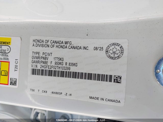 Продаж на аукціоні авто 2026 Honda Civic Sport, vin: 2HGFE2F52TH103299, номер лоту: 12609240