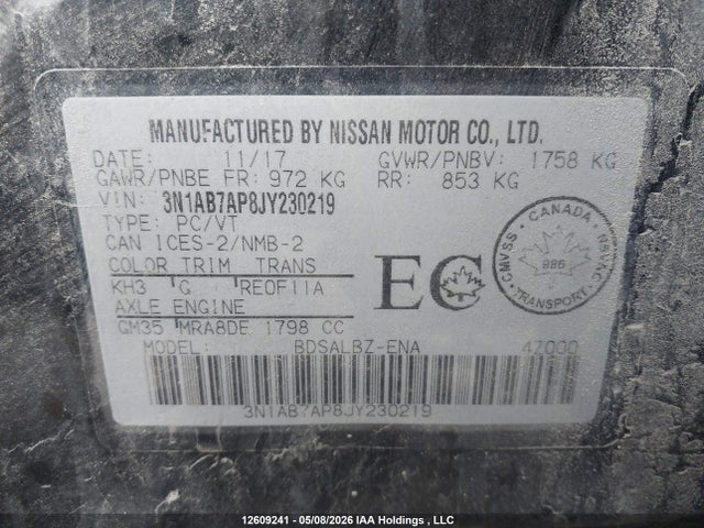 3N1AB7AP8JY230219 Nissan Sentra 1.8 S/1.8 Sv/1.8 Sv Midnight Edition