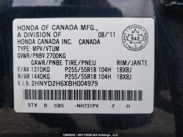 12609242 :رقم المزاد ، 2HNYD2H6XBH004979 vin ، 2011 Acura Mdx Technology مزاد بيع