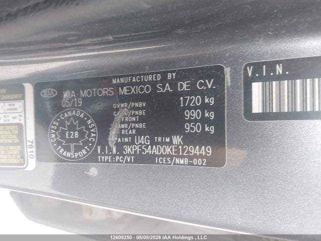 12609250 :رقم المزاد ، 3KPF54AD0KE129449 vin ، 2019 Kia Forte Ex مزاد بيع