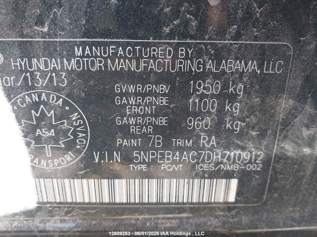 12609253 :رقم المزاد ، 5NPEB4AC7DH710912 vin ، 2013 Hyundai Sonata Gl مزاد بيع