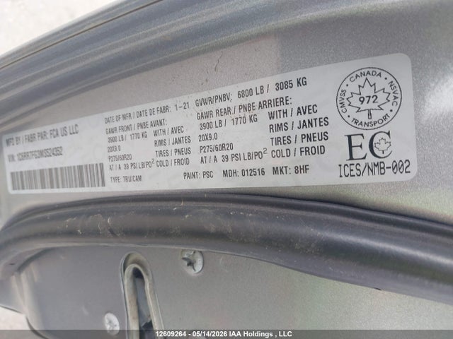 12609264 :رقم المزاد ، 1C6RR7FG3MS524352 vin ، 2021 Ram 1500 Classic Tradesman مزاد بيع