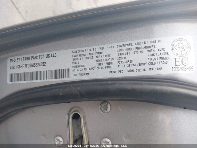 12609264 :رقم المزاد ، 1C6RR7FG3MS524352 vin ، 2021 Ram 1500 Classic Tradesman مزاد بيع