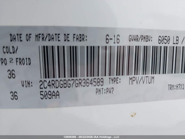 Aukcja sprzedaży 2016 Dodge Grand Caravan Se/sxt, vin: 2C4RDGBG7GR364589, numer aukcji: 12609266