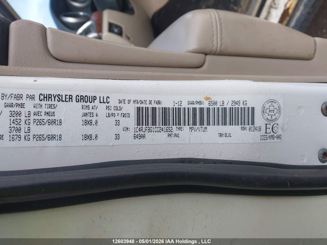 12603948 :رقم المزاد ، 1C4RJFBG1CC241652 vin ، 2012 Jeep Grand Cherokee Limited مزاد بيع