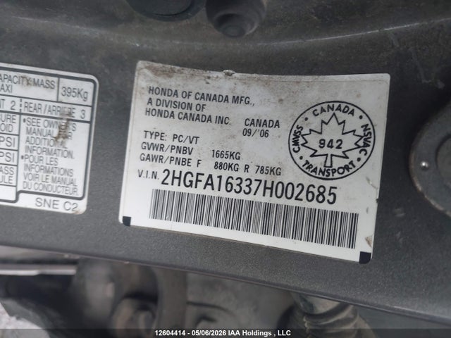 Продажа на аукционе авто 2007 Honda Civic Dx-g, vin: 2HGFA16337H002685, номер лота: 12604414