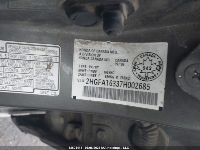 Продажа на аукционе авто 2007 Honda Civic Dx-g, vin: 2HGFA16337H002685, номер лота: 12604414