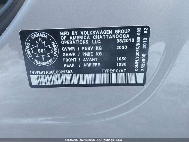 Aukcja sprzedaży 2014 Volkswagen Passat 2.5l Comfortline, vin: 1VWBH7A35EC022503, numer aukcji: 12546995