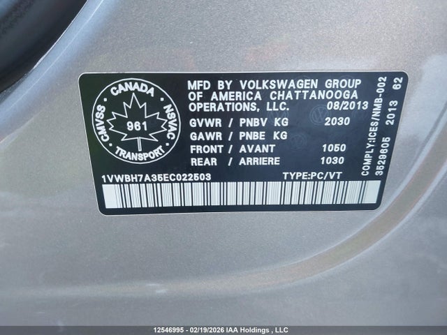 Aukcja sprzedaży 2014 Volkswagen Passat 2.5l Comfortline, vin: 1VWBH7A35EC022503, numer aukcji: 12546995