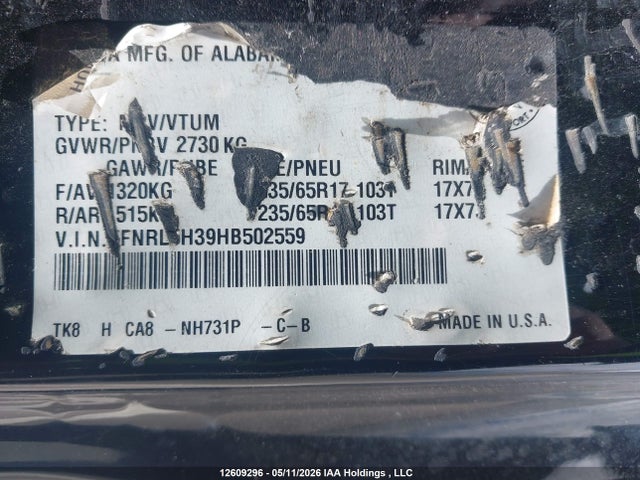 5FNRL5H39HB502559 Honda ODYSSEY SE