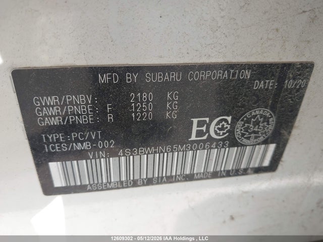 Auction sale of the 2021 Subaru Legacy Limited Gt, vin: 4S3BWHN65M3006433, lot number: 12609302