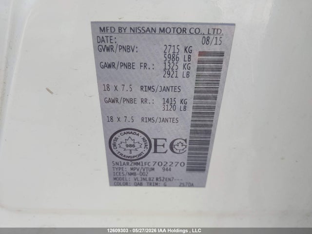 2015 Nissan Pathfinder Platinum/s/sl/sv მანქანა იყიდება აუქციონზე, vin: 5N1AR2MM1FC702270, აუქციონის ნომერი: 12609303