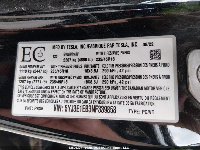 Продаж на аукціоні авто 2022 Tesla Model 3, vin: 5YJ3E1EB3NF339858, номер лоту: 12609307