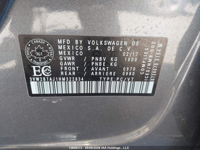 Aukcja sprzedaży 2017 Volkswagen Jetta 1.4 Tsi Trendline+, vin: 3VW2B7AJ1HM322834, numer aukcji: 12609313
