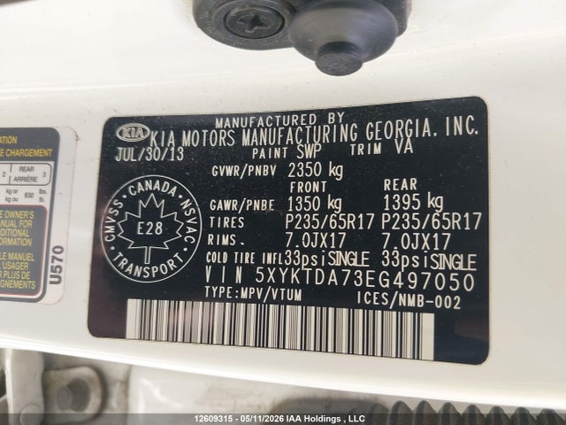 12609315 :رقم المزاد ، 5XYKTDA73EG497050 vin ، 2014 Kia Sorento Lx مزاد بيع