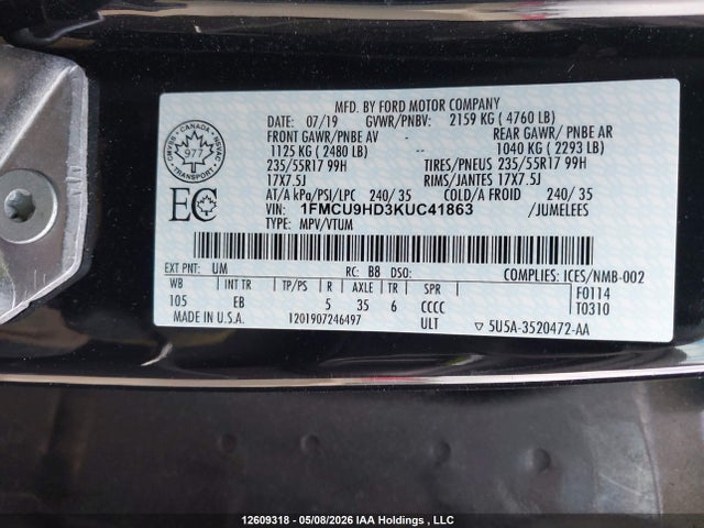 1FMCU9HD3KUC41863 Ford ESCAPE SEL
