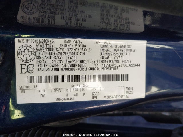 12609328 :رقم المزاد ، 1FADP3J22GL322944 vin ، 2016 Ford Focus Titanium مزاد بيع
