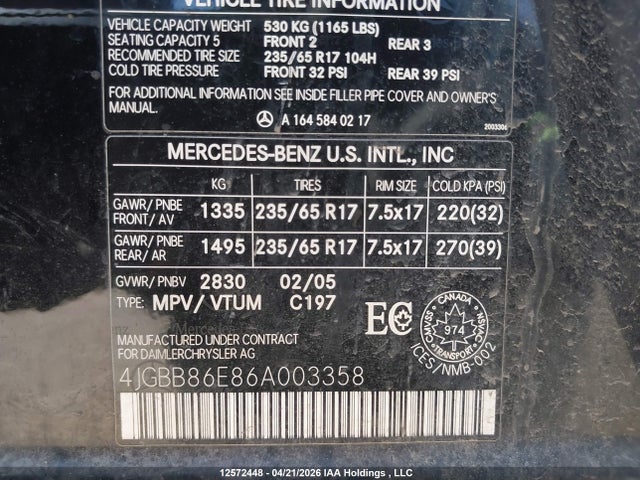Aukcja sprzedaży 2006 Mercedes-benz Ml 350 4matic, vin: 4JGBB86E86A003358, numer aukcji: 12572448