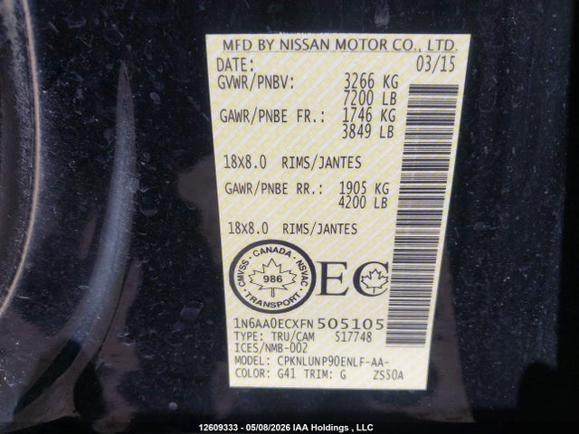 1N6AA0ECXFN505105 Nissan Titan Pro-4x/s/sl/sv