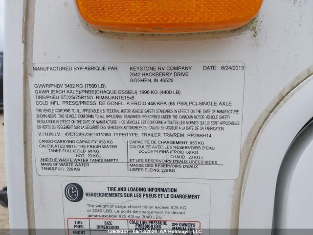 Продажа на аукционе авто 2014 Keystone Passport, vin: 4YDT28B23ET411383, номер лота: 12609337