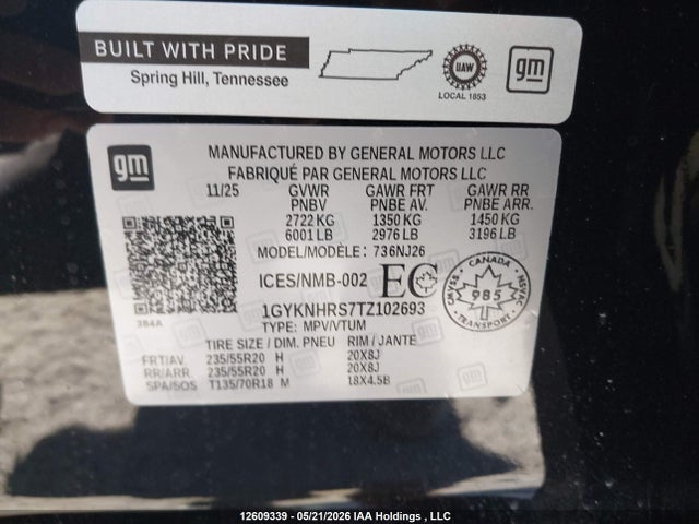 Aukcja sprzedaży 2026 Cadillac Xt5, vin: 1GYKNHRS7TZ102693, numer aukcji: 12609339