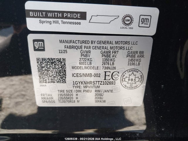 Aukcja sprzedaży 2026 Cadillac Xt5, vin: 1GYKNHRS7TZ102693, numer aukcji: 12609339